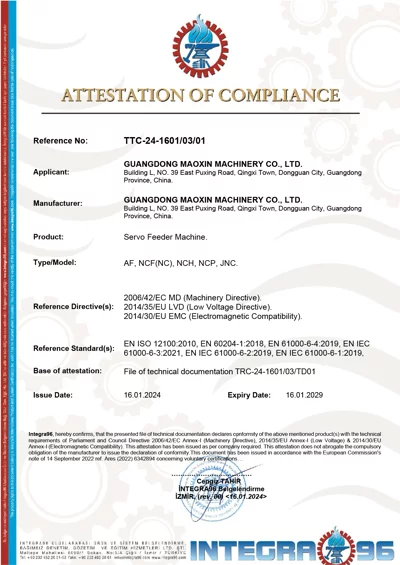 CE Certification for Servo Feeder